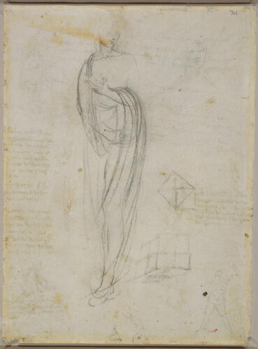 Recto: Studies of the internal organs and great vessels. Verso: A sketch of a tall, draped female figure, and other studies