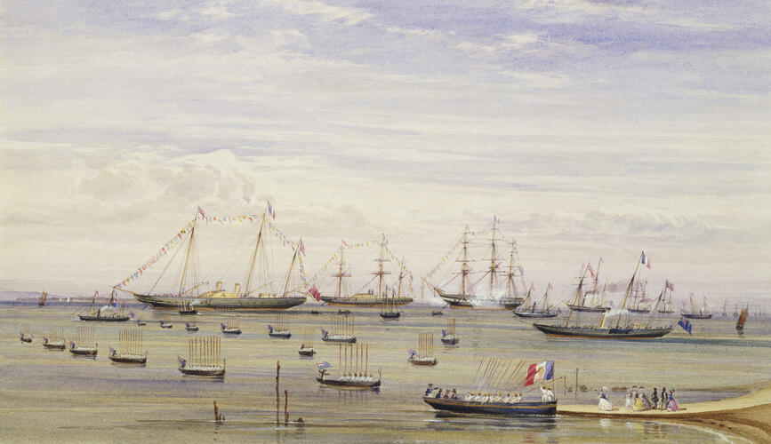 The Queen receiving the Emperor and Empress of the French at Osborne Quay, 6 August 1857
