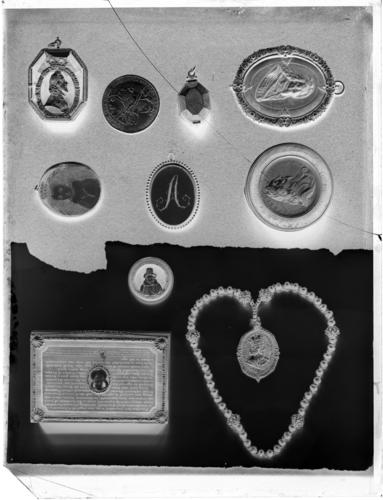 Glass plate negative of 10 objects from the Stuart Room Glass plate negative of 10 objects from the Stuart Room
