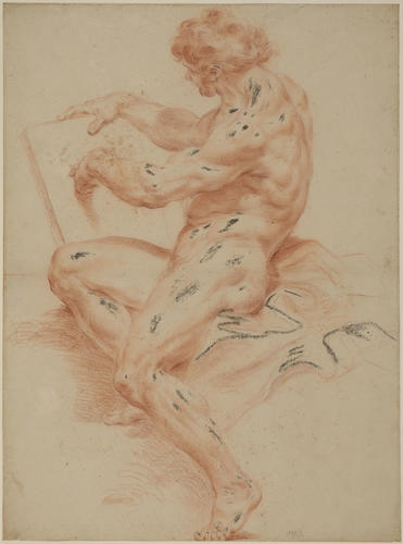 A seated male nude, to left, holding a tablet A seated male nude, to left, holding a tablet