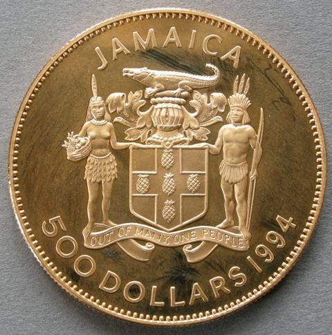 Jamaica. Proof 500 dollars commemorating the Royal Visit, March 1994