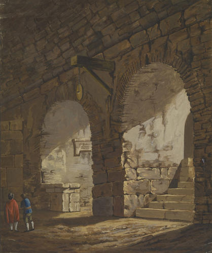 The interior of a stone building