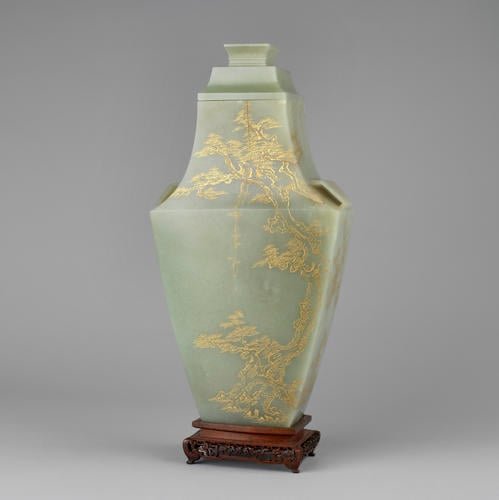 Vase and cover (with imperial inscription by the Qianlong emperor) and wood stand
