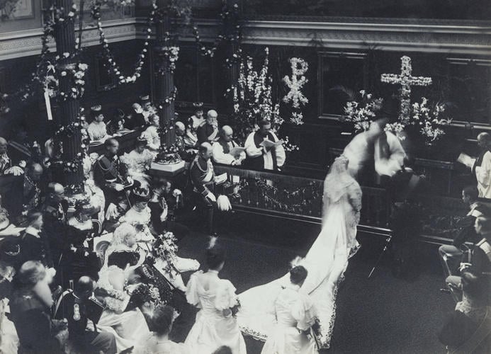 The wedding of Princess Maud of Wales and Prince Charles of Denmark in the Chapel in Buckingham Palace, July 22nd 1896