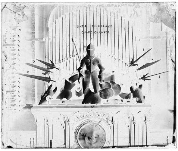 Glass plate negative of display of arms and armour in the Guard Chamber Glass plate negative of display of arms and armour in the Guard Chamber