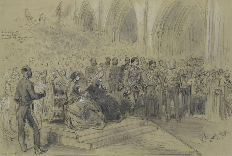 Visit of the Prince and Princess of Wales to Ireland, April 1868: The Princess of Wales seated with the Marchioness of Abercorn during the Prince's Installation as a Knight of St Patrick, 18 April