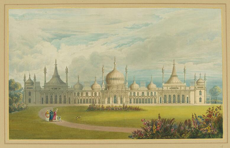 Master: Illustrations of Her Majesty's Palace at Brighton; formerly the Pavilion: executed by the Command of King George the Fourth, under the Superintendence of John Nash, Esq. , architect : to which is prefixed, A History of the Palace, by Edward Wedlake Brayley, Esq. , F. S. A.
Item: Perspective view of the Steyne Front