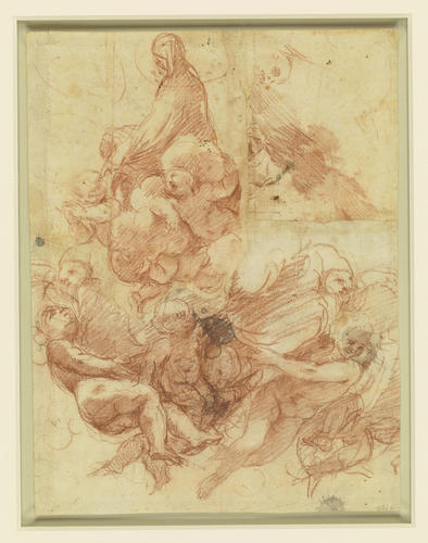 Recto: A female saint supported by putti on clouds. Verso: Three studies of angels and clouds Recto: A female saint supported by putti on clouds. Verso: Three studies of angels and clouds