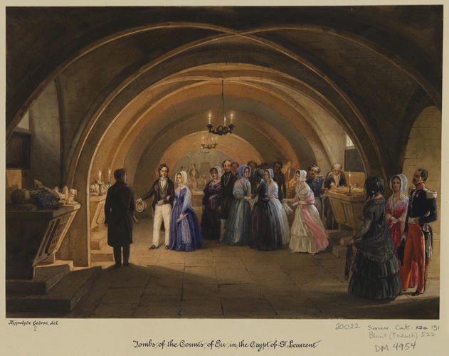 Royal visit to Louis-Philippe: the royal party visiting the tombs in the Church of St Laurent at Eu, 5 September 1843
