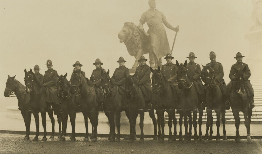Master: Page 10 of Queen Mary's Album, volume 18, 20 June 1916 to 20 September 1918
Item: King George V's Canadian cavalry escort, Opening of Parliament