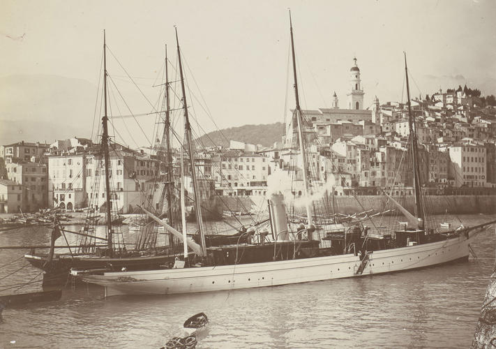 Photograph of fishing boats in the harbour at Menton, France, March 1898