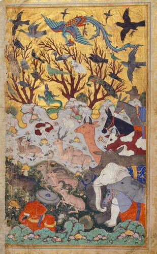 Master: Shahnamah شاهنامه (The Book of Kings)
Item: Soloman (Sulayman) and the Queen of Sheba (Bilqis) enthroned together attended by angels, demons, animals, birds, and Asaf the vizier