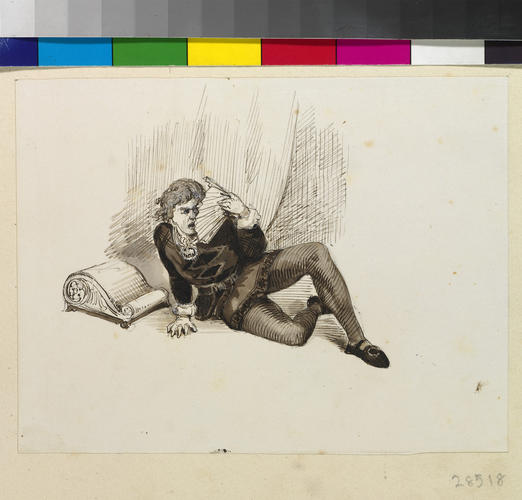 Hamlet crouching on the ground during the play scene Hamlet crouching on the ground during the play scene