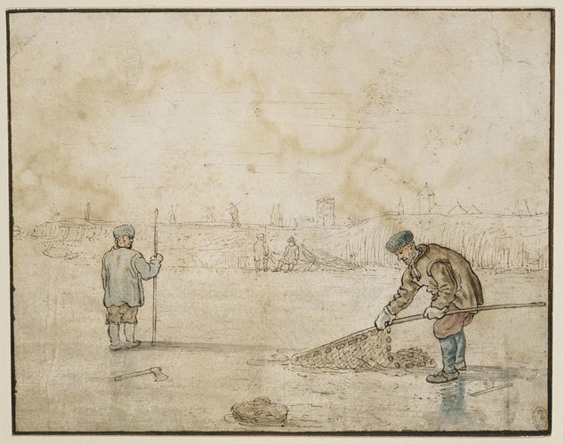 Two fishermen on a frozen river near Kampen