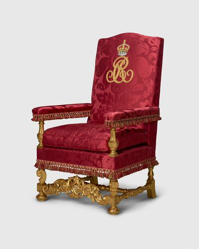 Master: Pair of Chairs of Estate, used by Queen Elizabeth II and Prince Philip, and by King Charles III and Queen Camilla
Item: Chair of Estate used by Prince Philip, Duke of Edinburgh and Queen Camilla Master: Pair of Chairs of Estate, used by Queen Elizabeth II and Prince Philip, and by King Charles III and Queen Camilla
Item: Chair of Estate used by Prince Philip, Duke of Edinburgh and Queen Camilla