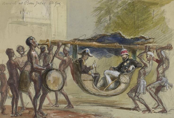 Albert Edward, Prince of Wales, and the Governor of Goa being carried in a sedan chair