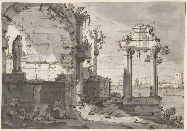 Recto: A capriccio of church ruins on the shores of the lagoon. Verso: Architectural sketches Recto: A capriccio of church ruins on the shores of the lagoon. Verso: Architectural sketches