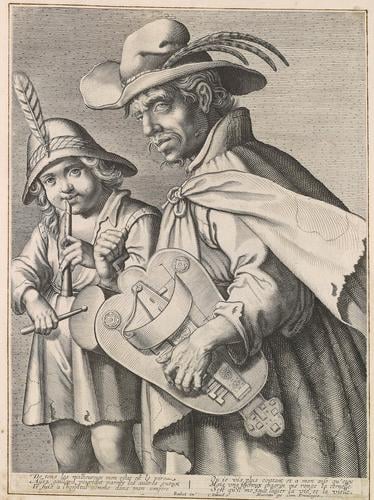 A hurdy-gurdy player and a young boy playing a flute and beating a drum