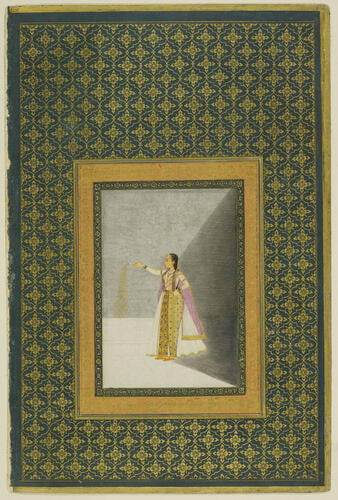 Master: A late Mughal album of calligraphy and paintings.
Item: Calligraphy by Mir Imad and Mughal painting of a princess holding a firework