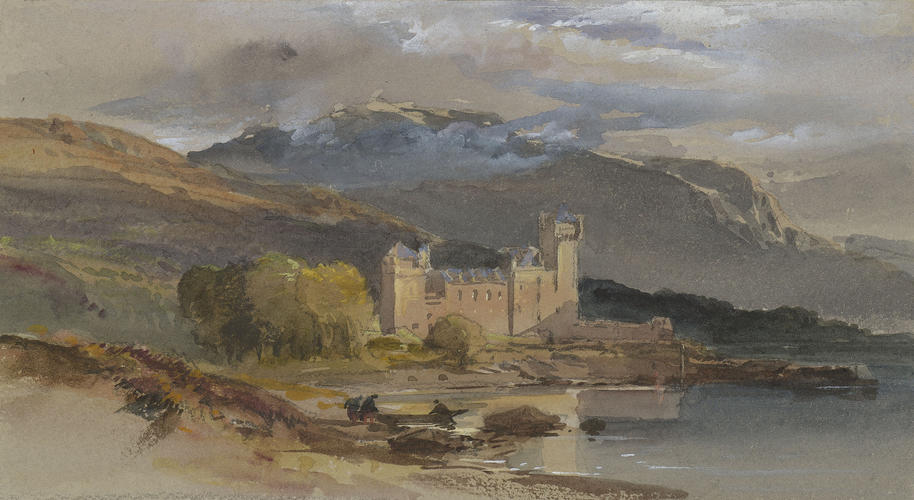 Scottish castle on the shores of a loch, with mountains beyond