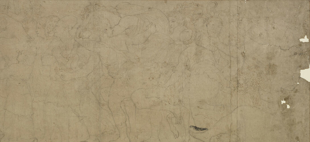 Worshippers of Niobe; they approach from the right and include a man leading a horse on which a woman is mounted, bringing offerings, doves, a ram, vases, etc; on the right, is a recumbent female figu Worshippers of Niobe; they approach from the right and include a man leading a horse on which a woman is mounted, bringing offerings, doves, a ram, vases, etc; on the right, is a recumbent female figu