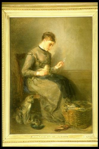 Female Playing with a Cat; an Interior