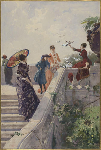 Young women with doves on a terrace