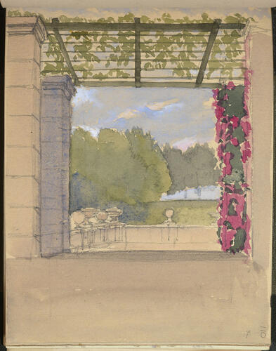 Master: SKETCHES FROM NATURE V. R. 1855 TO 1860
Item: View through a pergola at Osborne