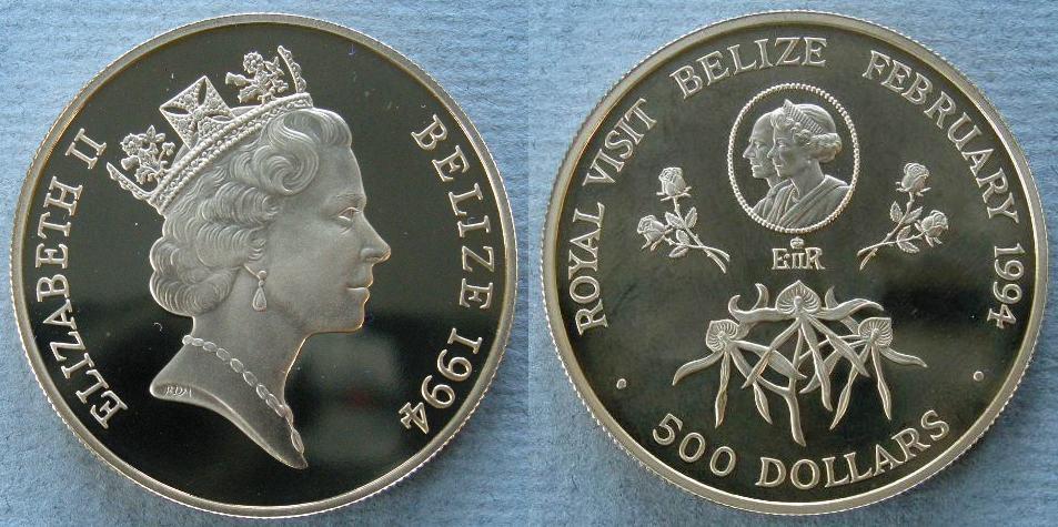 Belize. Proof 500 dollars commemorating the Royal visit to Belize, February 1994 Belize. Proof 500 dollars commemorating the Royal visit to Belize, February 1994