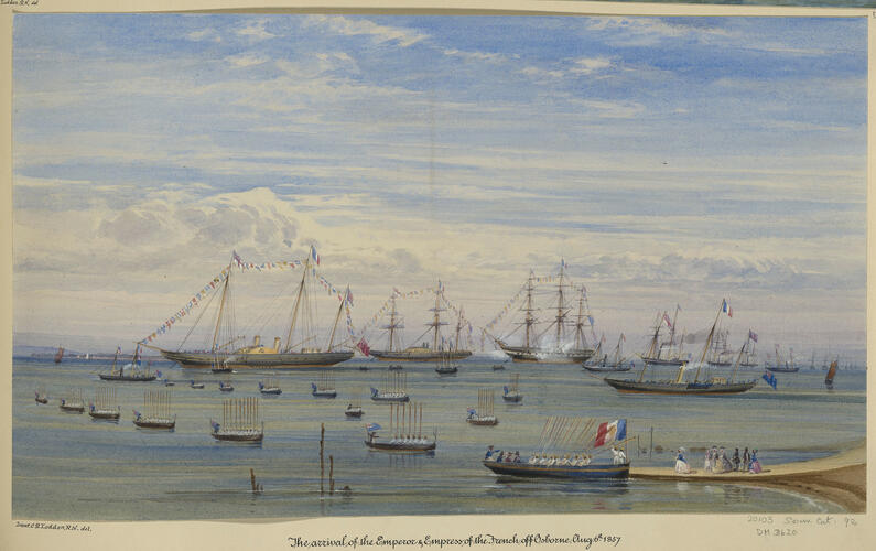 The Queen receiving the Emperor and Empress of the French at Osborne Quay, 6 August 1857