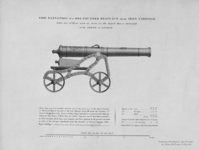 Side Elevation of a One Pound Brass Gun on an Iron Carriage / From one of those now in store in the Royal House Armoury / ar the Tower of London