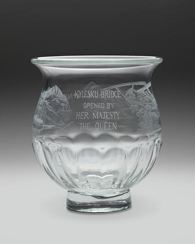 Glass bowl etched with Kylesku Bridge and HMY Britannia