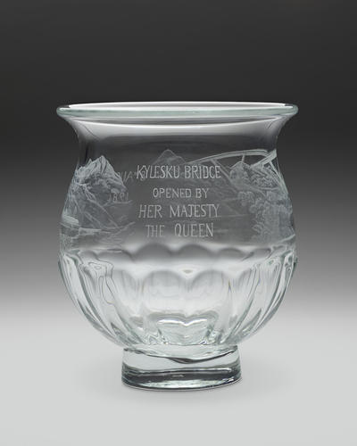 Glass bowl etched with Kylesku Bridge and HMY Britannia Glass bowl etched with Kylesku Bridge and HMY Britannia