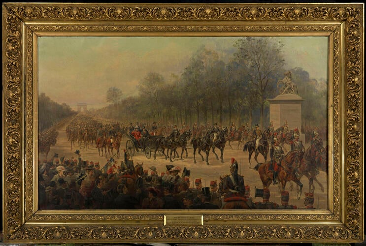 Frame for RCIN 404828, Pichat, King Edward VII and M Loubet, President of the French Republic, driving through the Champs Elysées