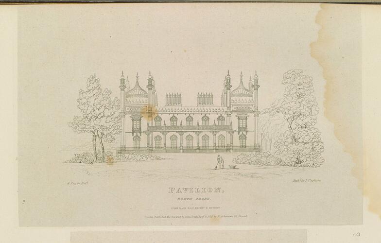 Master: Illustrations of Her Majesty's Palace at Brighton; formerly the Pavilion: executed by the Command of King George the Fourth, under the Superintendence of John Nash, Esq. , architect : to which is prefixed, A History of the Palace, by Edward Wedlake Brayley, Esq. , F. S. A.
Item: Pavilion, North Front