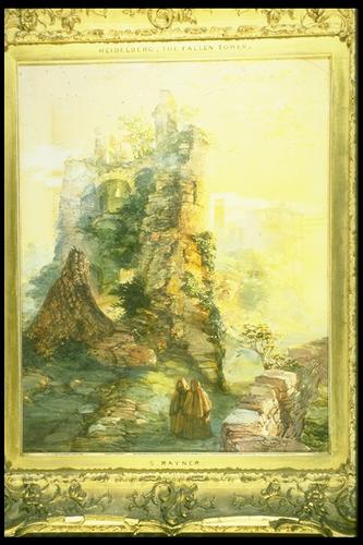 The Fallen Tower at Heidelberg Castle, with monks in the foreground
