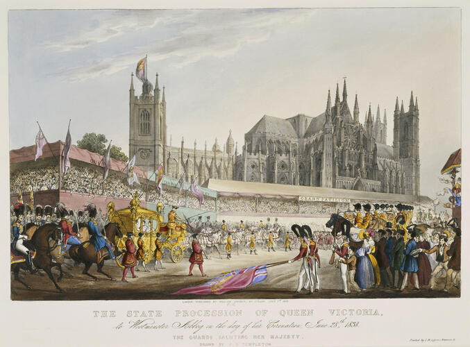 Coronation Procession. 	Guards saluting Her Majesty. 28 June 1838
