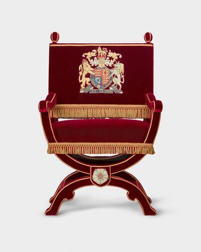 Master: Pair of throne chairs, used by King George VI and Queen Elizabeth and King Charles III and Queen Camilla
Item: Throne chair, used by King George VI and King Charles III Master: Pair of throne chairs, used by King George VI and Queen Elizabeth and King Charles III and Queen Camilla
Item: Throne chair, used by King George VI and King Charles III