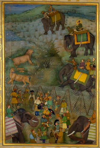 Master: Padshahnamah ?????????? (The Book of Emperors) ??
Item: Shah-Jahan hunting lions at Burhanpur (July 1630)