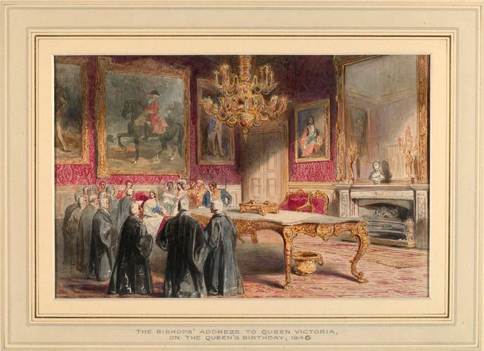 The Queen receiving a birthday address from the Archbishops and Bishops, in the Royal Closet, St James's Palace, 25 May 1840