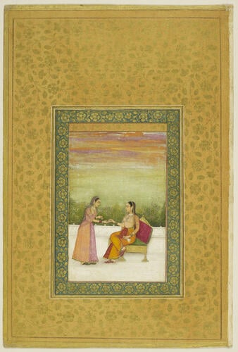 Master: A late Mughal album of calligraphy and paintings.
Item: Mughal painting of ladies on a terrace and calligraphy by Sayyid Ali Khan