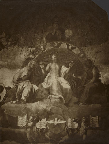 The triumphant Christ flanked by the Virgin Mary and St John the Baptist, with God the Father above and the Holy Dove below [detail from 'The Disputa']
