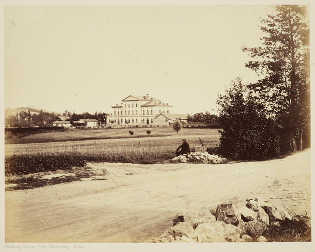 'Der Bahnhof, die alte Sternwarte in der Entfernung'; The railway station in Gotha, with the old observatory in the distance