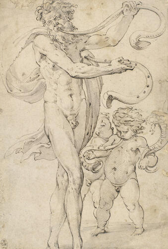 A man and a putto playing on horns