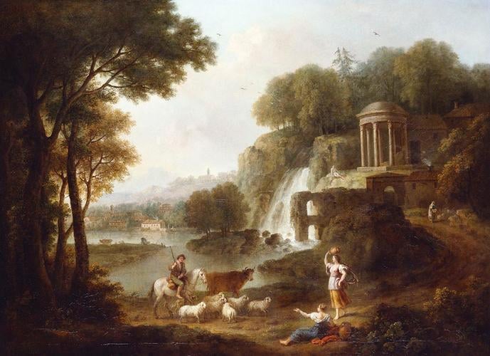 Landscape with a Temple and Cascade, Figures and Cattle