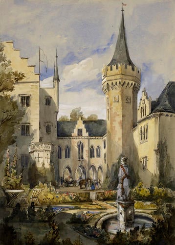 Schloss Reinhardsbrunn: the royal party, with carriages, in the entrance court