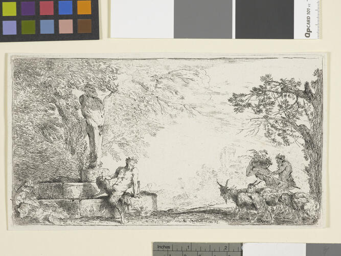 A satyr seated beside a statue of Priapus