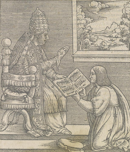 Andrea Antico presenting his missal to Leo X