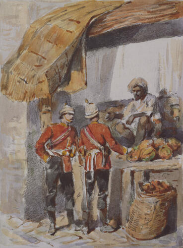 Infantry officers buying fruit in an Indian market