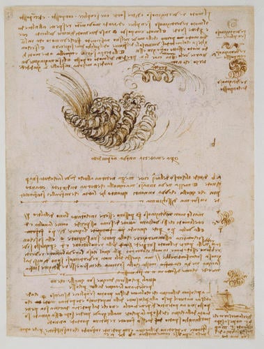 Recto: Studies of flowing water, with notes. Verso: The head of a woman